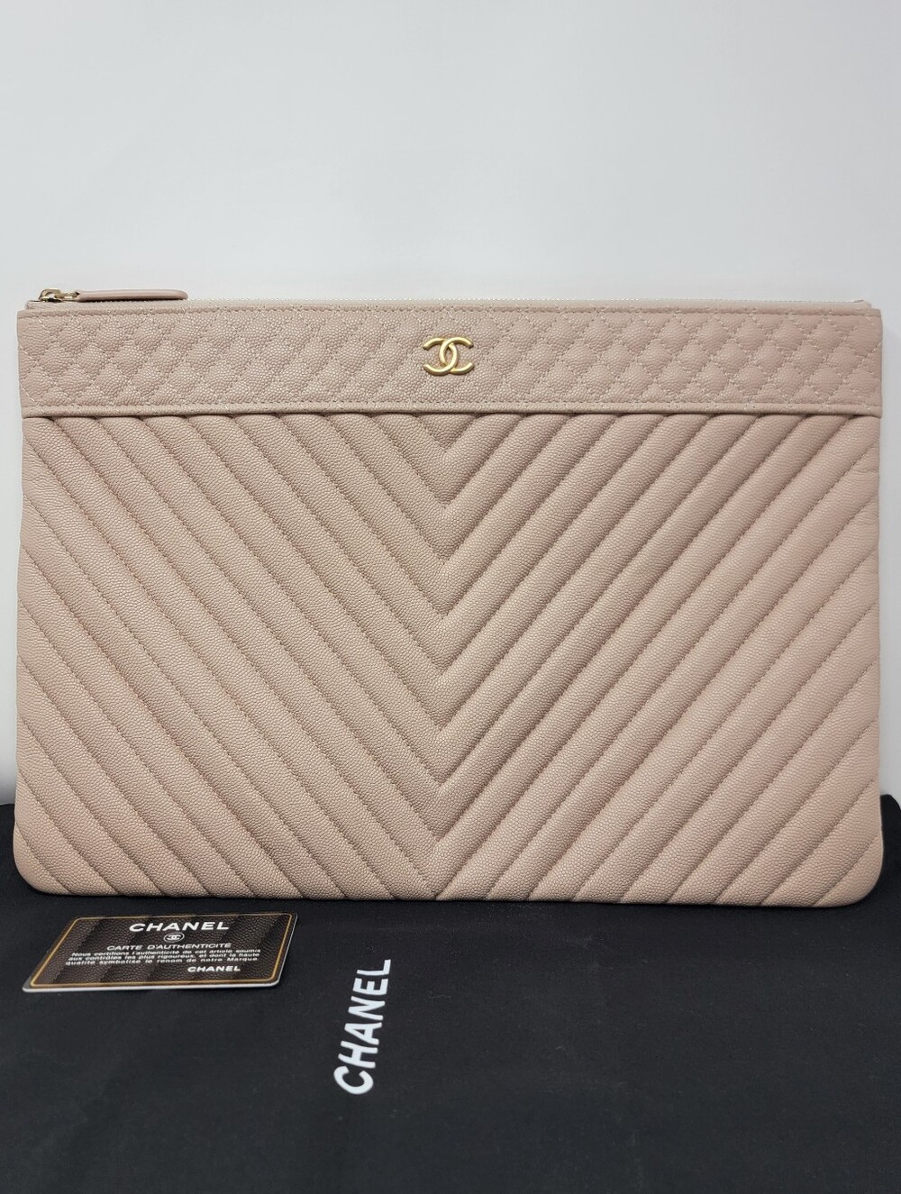 CHANEL Chevron Quilted Caviar Large O-Case Clutch Bag